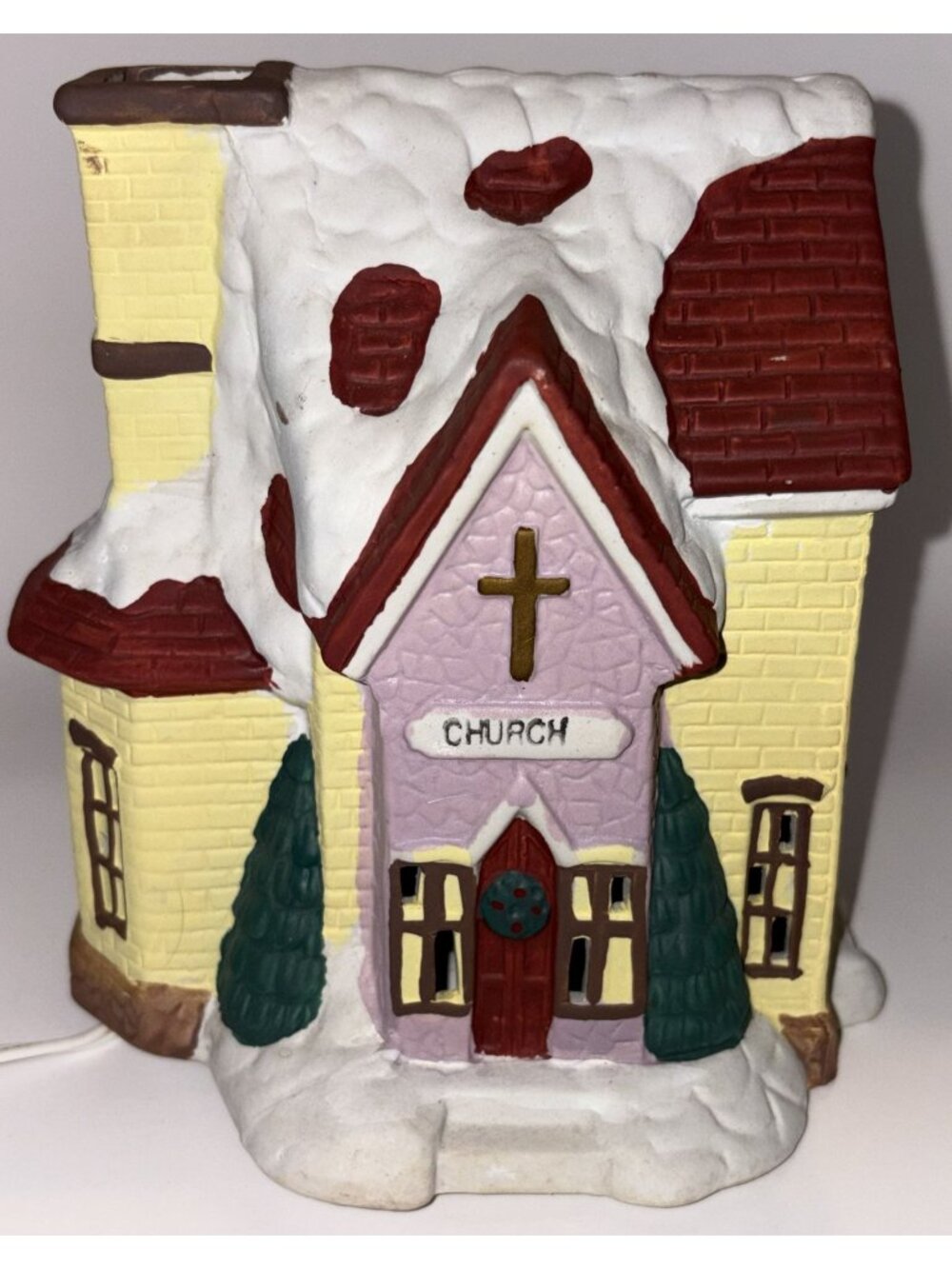 READ Vintage Hand-Painted Ceramic Illuminated Church Figurine Clock Tower